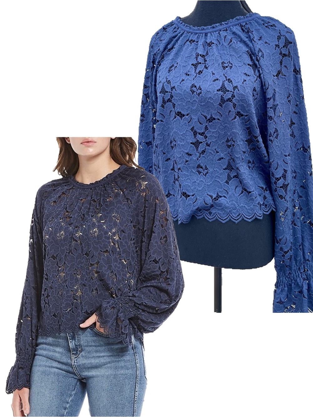 Free People Olivia Sheer Lace Fairy Top Flare Balloon-Sleeve Navy Blue Sz XS EUC